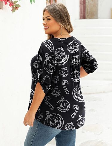 FOLUNSI Womens Plus Size 3/4 Roll Sleeve Blouses V Neck Casual Tunic Tops in Kuwait