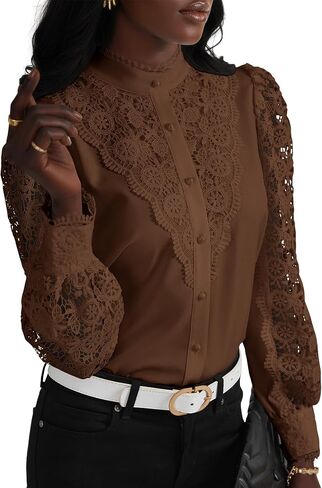Rooscier Women's Lace Crochet Mock Neck Long Sleeve Button Elegant Blouse Shirt Top in Kuwait