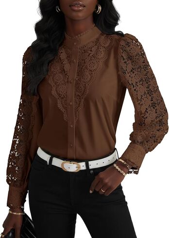 Rooscier Women's Lace Crochet Mock Neck Long Sleeve Button Elegant Blouse Shirt Top in Kuwait
