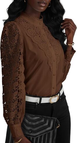 Rooscier Women's Lace Crochet Mock Neck Long Sleeve Button Elegant Blouse Shirt Top in Kuwait
