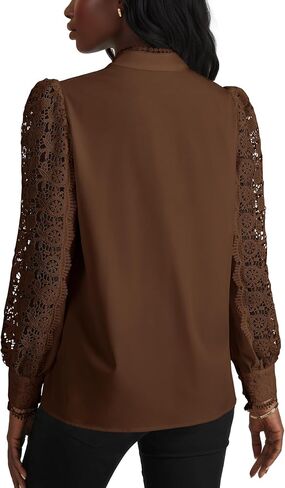Rooscier Women's Lace Crochet Mock Neck Long Sleeve Button Elegant Blouse Shirt Top in Kuwait