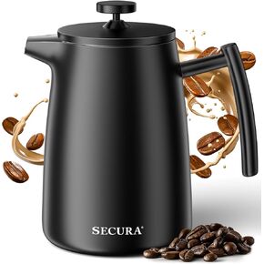 Secura 50oz French Press Coffee Maker – 304 Stainless Steel, Insulated Coffee Press with Extra Filter, Black in Kuwait