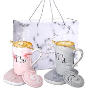 Mr and Mrs Coffee Mug Warmer Set 14oz Ceramic Cup with Lid Electric Coffee Tea Cup Warmer for Couple Bride Groom Wedding Anniversary Engagement Christmas New Year Gifts (Black, White) in Kuwait