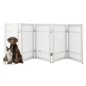 Freestanding Dog Gate - 5-Panel Foldable Indoor Pet Fence - 91x24-Inch Extra Wide Wood Dog Gate for Stairs, Hallways or Doorways by PETMAKER (Brown) in Kuwait