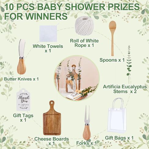 55Pcs Baby Shower Prizes for Game Winners 6 Sets Bamboo Cheese Board Spoon Fork Butter Spreaders Plaid Towel Thank You Card and Gift Bags for Baby Shower Wedding Bridal Shower Favors in Saudi Arabia