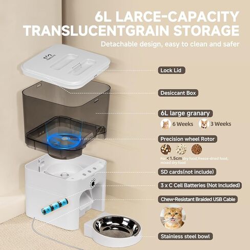 وحدة تغذية أوتوماتيكية للقطط مع كاميرا، وحدة تغذية أوتوماتيكية للكلاب 5G/2.4G WiFi، فيديو بدقة 2K HD ورؤية ليلية، مراقبة عن بعد وإطعام، تنبيهات غذائية منخفضة، صوت ثنائي الاتجاه، سعة 6 لتر، هدايا لعيد الميلاد in Kuwait