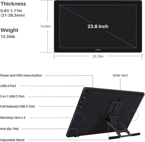 هيون تابلت رسم 22 بلس كيو ال اي دي من كامفاس مع شاشة مغلفة بالكامل واتصال USB-C 140% sRGB قابل للامالة مقاس 21.5 انش للفنانين والمصممين، يعمل مع Mac وويندوز ولينكس وAndroid in Kuwait