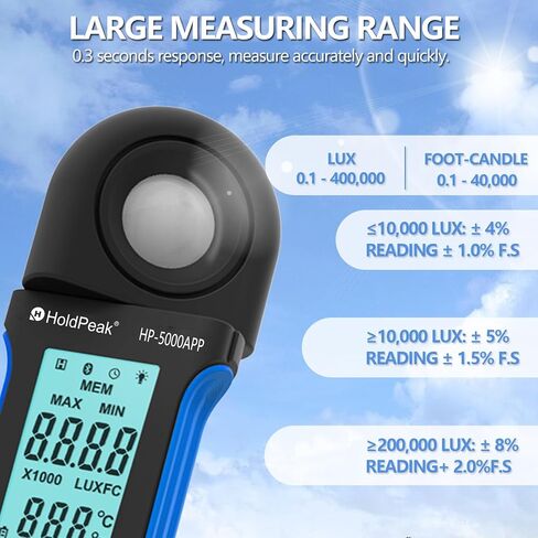 HOLDPEAK Light Meter, Digital Lux Meter 0.1-400,000 Lux, 270º Rotatable Detector, Large Color Backlit Display, Illuminance Meter Temp Luxmeter Lumen Meter for Photography Grow Plants 8801A in Kuwait