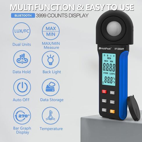 HOLDPEAK Light Meter, Digital Lux Meter 0.1-400,000 Lux, 270º Rotatable Detector, Large Color Backlit Display, Illuminance Meter Temp Luxmeter Lumen Meter for Photography Grow Plants 8801A in Kuwait