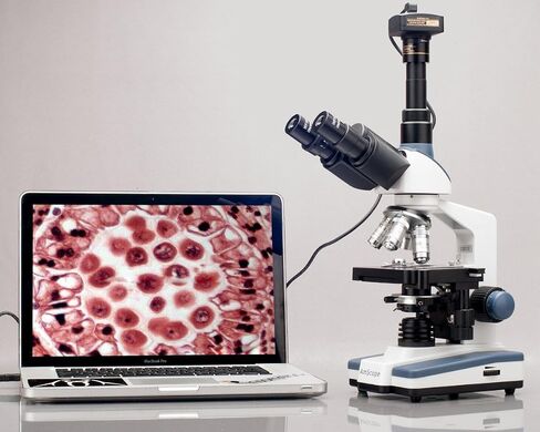 AmScope T120B-10M Digital Professional Siedentopf Trinocular Compound Microscope, 40X-2000X Magnification, WF10x and WF20x Eyepieces, Brightfield, LED Illumination, Abbe Condenser with Iris Diaphragm, Double-Layer Mechanical Stage, 100-240VAC, Includes 10 in Kuwait
