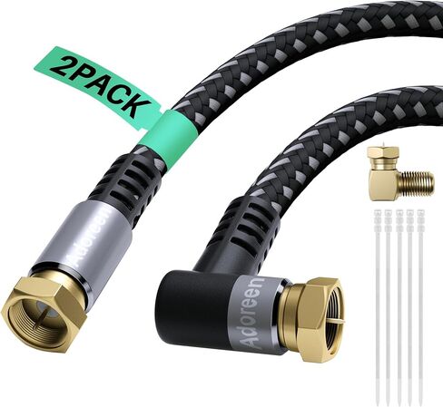Adoreen Coaxial Cable 3 ft-2 Pack-Right Angle Quad Shielded 90 Degree RG6 Coax Cable Cord, Male F Gold-Plated Nylon-Braided, in-Wall, Digital TV Aerial AV with Angled Male to Female Adapter+15 Ties in Kuwait
