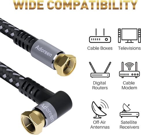 Adoreen Coaxial Cable 3 ft-2 Pack-Right Angle Quad Shielded 90 Degree RG6 Coax Cable Cord, Male F Gold-Plated Nylon-Braided, in-Wall, Digital TV Aerial AV with Angled Male to Female Adapter+15 Ties in Kuwait