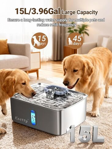 Kastty 3.96 Gal Dog Water Fountain for Large Dogs,15L Stainless Steel Large Pet Water Fountain, Ultra Quiet Automatic Dog Water Bowl Dispenser with Water Level Window and LED Light(FS78,Grey in Saudi Arabia