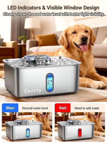 Kastty 3.96 Gal Dog Water Fountain for Large Dogs,15L Stainless Steel Large Pet Water Fountain, Ultra Quiet Automatic Dog Water Bowl Dispenser with Water Level Window and LED Light(FS78,Grey in Saudi Arabia