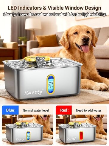 Kastty 3.96 Gal Dog Water Fountain for Large Dogs,15L Stainless Steel Large Pet Water Fountain, Ultra Quiet Automatic Dog Water Bowl Dispenser with Water Level Window and LED Light(FS78,Grey in Saudi Arabia
