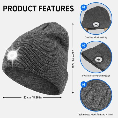 Beanie with LED Lights Lighted Hat Rechargeable Washable Warm Visible Winter Knit Watch Cap Unisex Unique Gifts Black in Kuwait