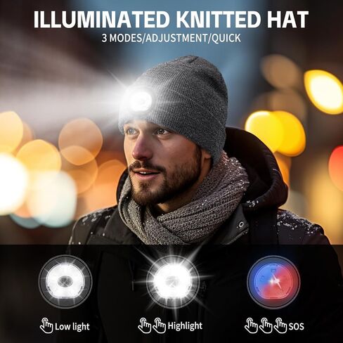 Beanie with LED Lights Lighted Hat Rechargeable Washable Warm Visible Winter Knit Watch Cap Unisex Unique Gifts Black in Kuwait
