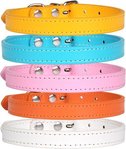 Cat Collar 5 Pack Leather Cat Collar for Boy Cats, Girl Cats with Pet Collars Adjustable(Gold Orange White Pink Blue) in Kuwait