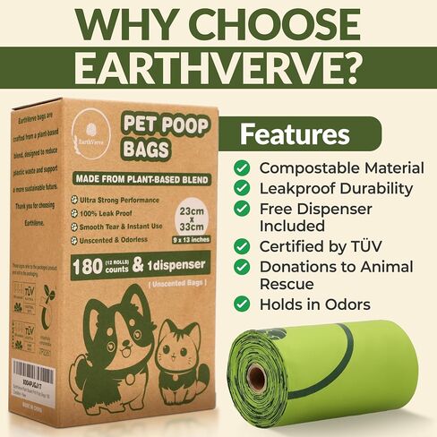 Dog & Cat Compostable Poop Bags (240 Counts w/Dispenser) - Plant Based, Enhanced Leak-Resistant, Odor-Resistant & Durable – Unscented,Sustainable Cleanup Solution –10% to Animal Rescue in Saudi Arabia