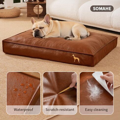Dog Bed Medium Size Dog Orthopedic Beds for Small Dogs with Removable Washable PU Leather Cover Waterproof Brown 27.5×19.6×4inch in Kuwait