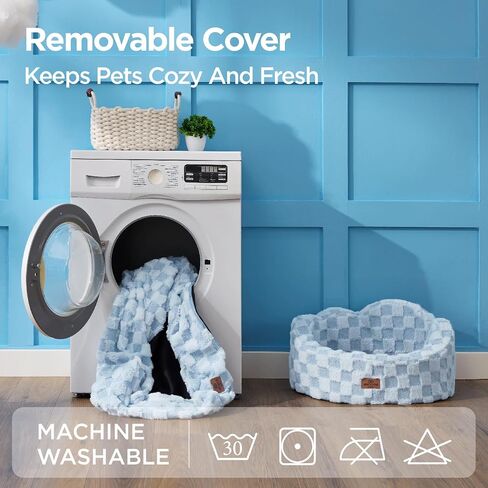 Joydeco Cloud Dog Bed for Small Dogs & Cats, Washable Pet Bed with Orthopedic Foam and Removable Checkered Plush Pad, Non-Slip Bottom for Indoor Puppies and Kittens, 27x24 Inch, White in Saudi Arabia