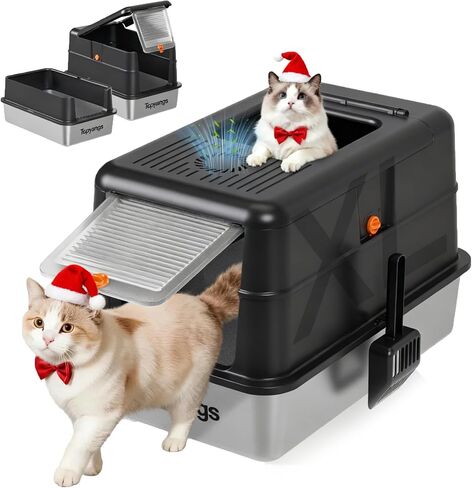 ‌Topyangs Black Stainless Steel Litter Box with Lid, 135° Flip-Top Enclosed Cat Litter Box, Odor-Control Metal Breeze System, Covered High Sides Anti-Spill, Cat Lover Gift in Saudi Arabia