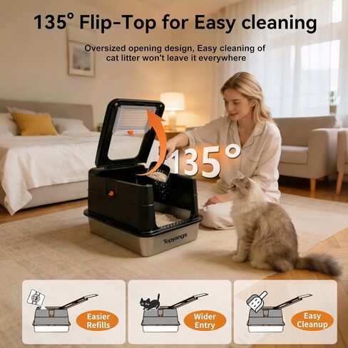 ‌Topyangs Black Stainless Steel Litter Box with Lid, 135° Flip-Top Enclosed Cat Litter Box, Odor-Control Metal Breeze System, Covered High Sides Anti-Spill, Cat Lover Gift in Saudi Arabia