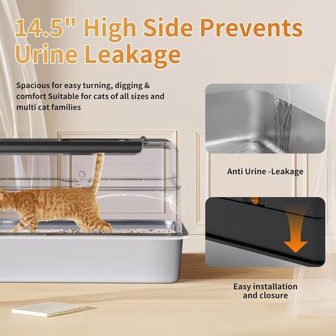 ‌Topyangs Black Stainless Steel Litter Box with Lid, 135° Flip-Top Enclosed Cat Litter Box, Odor-Control Metal Breeze System, Covered High Sides Anti-Spill, Cat Lover Gift in Saudi Arabia