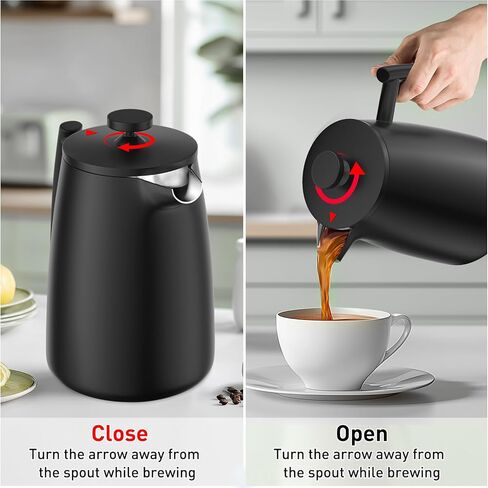 ماكينة صنع القهوة الفرنسية بالضغط سعة 50 أونصة من سيكيورا - 304 ستانلس ستيل، ماكينة صنع القهوة المعزولة مع فلتر إضافي، أسود in Kuwait