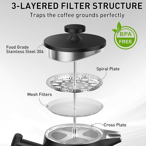 ماكينة صنع القهوة الفرنسية بالضغط سعة 50 أونصة من سيكيورا - 304 ستانلس ستيل، ماكينة صنع القهوة المعزولة مع فلتر إضافي، أسود in Kuwait