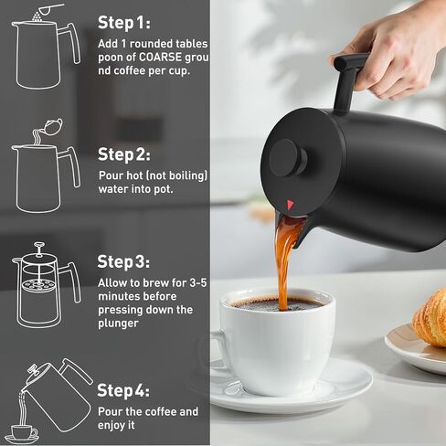 ماكينة صنع القهوة الفرنسية بالضغط سعة 50 أونصة من سيكيورا - 304 ستانلس ستيل، ماكينة صنع القهوة المعزولة مع فلتر إضافي، أسود in Kuwait