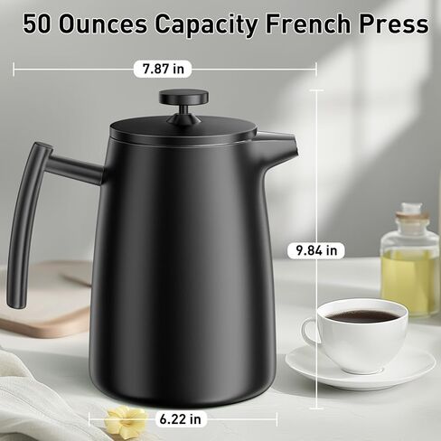 ماكينة صنع القهوة الفرنسية بالضغط سعة 50 أونصة من سيكيورا - 304 ستانلس ستيل، ماكينة صنع القهوة المعزولة مع فلتر إضافي، أسود in Kuwait