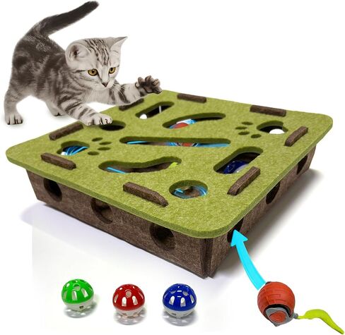 Interactive Soft Felt Cat Puzzle Toy with Ball and Bell，Cat Toy Box for Indoor Cats and Kittens，Indoor Hunting Play Toy to Stimulate Your Cat’s Energy and Instincts (Green+Orange Power Ball) in Saudi Arabia