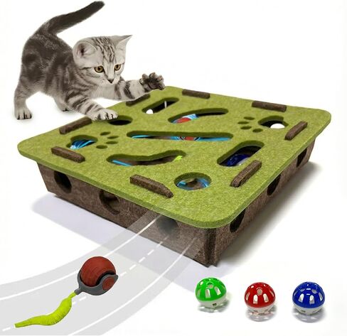Interactive Soft Felt Cat Puzzle Toy with Ball and Bell，Cat Toy Box for Indoor Cats and Kittens，Indoor Hunting Play Toy to Stimulate Your Cat’s Energy and Instincts (Green+Orange Power Ball) in Saudi Arabia