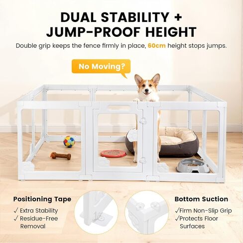 WICHEMI Acrylic Dog Playpen Indoor 10 Panels, Dog Play Pen Indoors 23.6" H, Puppy Play Pen with Double Door Lock, Small Animal Playpen with Suction Cup, White in Kuwait