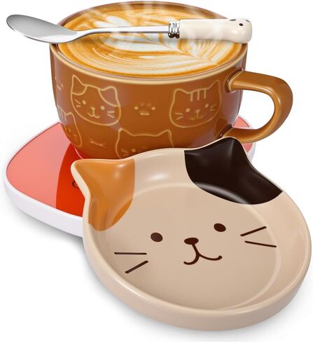 Cat Coffee Mug Warmer Set Cute Mug 10oz with Lid Spoon Electric Coffee Cup Heater for Cat Lovers Women Home Office Christmas New Year Birthday Gift (Brown) in Saudi Arabia