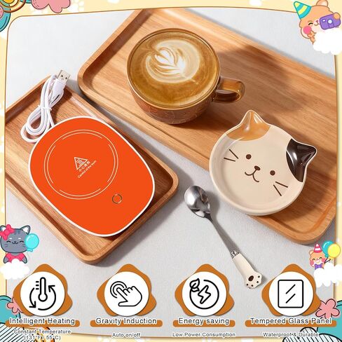 Cat Coffee Mug Warmer Set Cute Mug 10oz with Lid Spoon Electric Coffee Cup Heater for Cat Lovers Women Home Office Christmas New Year Birthday Gift (Brown) in Saudi Arabia