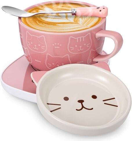 Cat Coffee Mug Warmer Set Cute Mug 10oz with Lid Spoon Electric Coffee Cup Heater for Cat Lovers Women Home Office Christmas New Year Birthday Gift (Brown) in Saudi Arabia