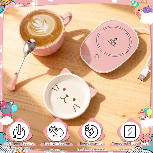 Cat Coffee Mug Warmer Set Cute Mug 10oz with Lid Spoon Electric Coffee Cup Heater for Cat Lovers Women Home Office Christmas New Year Birthday Gift (Brown) in Saudi Arabia