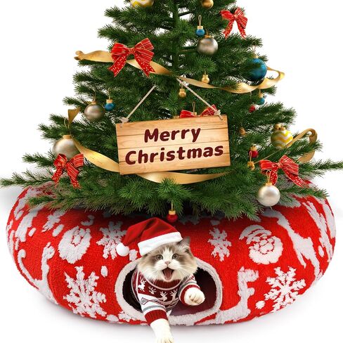 Cat Tunnel Christmas Tree Skirt - 3FT Round Foldable Bed to Keep Cats Away from Xmas Tree, Washable Mat with Balls, Green Holiday Pet Toy for Indoor Cats in Saudi Arabia