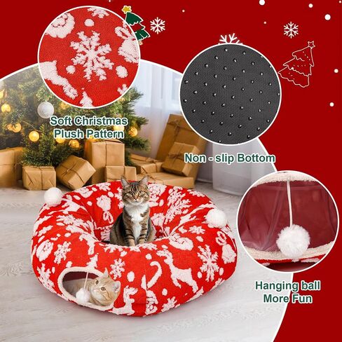 Cat Tunnel Christmas Tree Skirt - 3FT Round Foldable Bed to Keep Cats Away from Xmas Tree, Washable Mat with Balls, Green Holiday Pet Toy for Indoor Cats in Saudi Arabia
