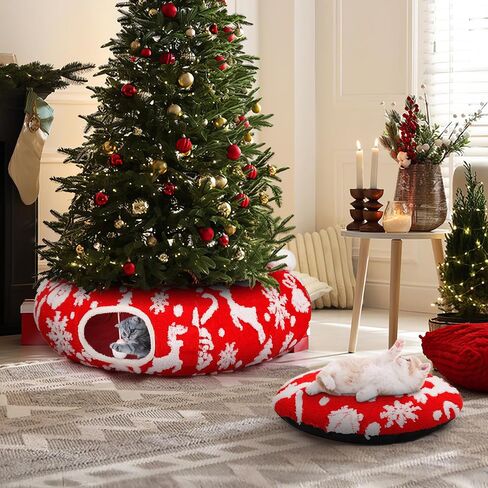 Cat Tunnel Christmas Tree Skirt - 3FT Round Foldable Bed to Keep Cats Away from Xmas Tree, Washable Mat with Balls, Green Holiday Pet Toy for Indoor Cats in Saudi Arabia