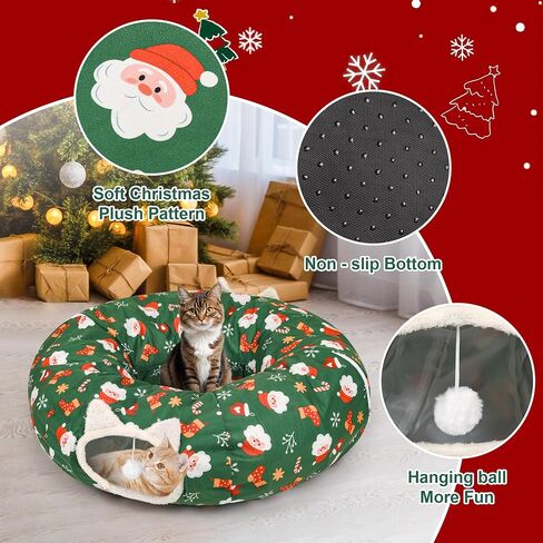 Cat Tunnel Christmas Tree Skirt - 3FT Round Foldable Bed to Keep Cats Away from Xmas Tree, Washable Mat with Balls, Green Holiday Pet Toy for Indoor Cats in Saudi Arabia
