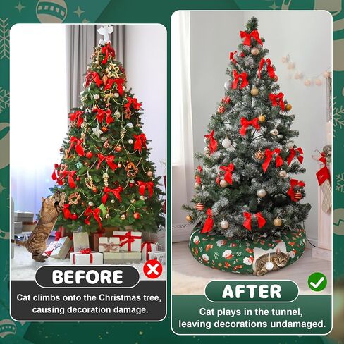 Cat Tunnel Christmas Tree Skirt - 3FT Round Foldable Bed to Keep Cats Away from Xmas Tree, Washable Mat with Balls, Green Holiday Pet Toy for Indoor Cats in Saudi Arabia