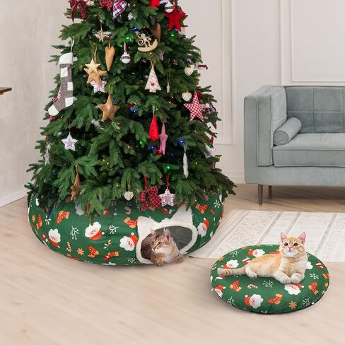 Cat Tunnel Christmas Tree Skirt - 3FT Round Foldable Bed to Keep Cats Away from Xmas Tree, Washable Mat with Balls, Green Holiday Pet Toy for Indoor Cats in Saudi Arabia