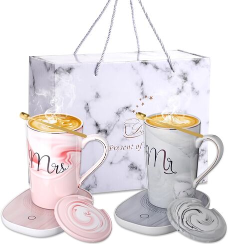 مجموعة تدفئة قدح القهوة السيد والسيدة 14oz كوب سيراميك مع غطاء كهربائي لتدفئة كوب الشاي والقهوة للزوجين والعروس والعريس والذكرى السنوية للزفاف والخطوبة وعيد الميلاد وهدايا السنة الجديدة (أسود، أبيض) in Kuwait