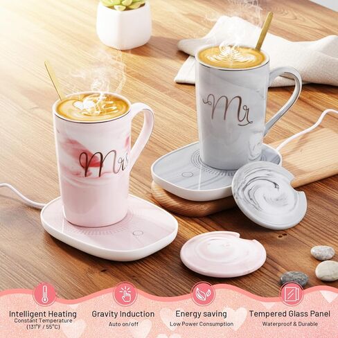 مجموعة تدفئة قدح القهوة السيد والسيدة 14oz كوب سيراميك مع غطاء كهربائي لتدفئة كوب الشاي والقهوة للزوجين والعروس والعريس والذكرى السنوية للزفاف والخطوبة وعيد الميلاد وهدايا السنة الجديدة (أسود، أبيض) in Kuwait