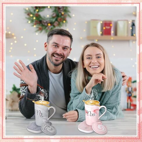 مجموعة تدفئة قدح القهوة السيد والسيدة 14oz كوب سيراميك مع غطاء كهربائي لتدفئة كوب الشاي والقهوة للزوجين والعروس والعريس والذكرى السنوية للزفاف والخطوبة وعيد الميلاد وهدايا السنة الجديدة (أسود، أبيض) in Kuwait
