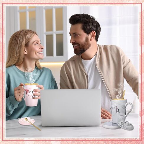 مجموعة تدفئة قدح القهوة السيد والسيدة 14oz كوب سيراميك مع غطاء كهربائي لتدفئة كوب الشاي والقهوة للزوجين والعروس والعريس والذكرى السنوية للزفاف والخطوبة وعيد الميلاد وهدايا السنة الجديدة (أسود، أبيض) in Kuwait