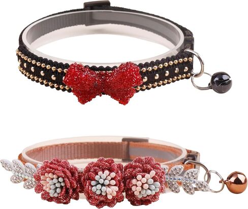 2 Pack Cat Collar Pink Floral with Bell and Removable Flower Bowtie Breakaway Adjustable Cat Collar for Girl Kitten Puppy Small Cats Dogs Daily Decoration (XQ8-5) in Kuwait